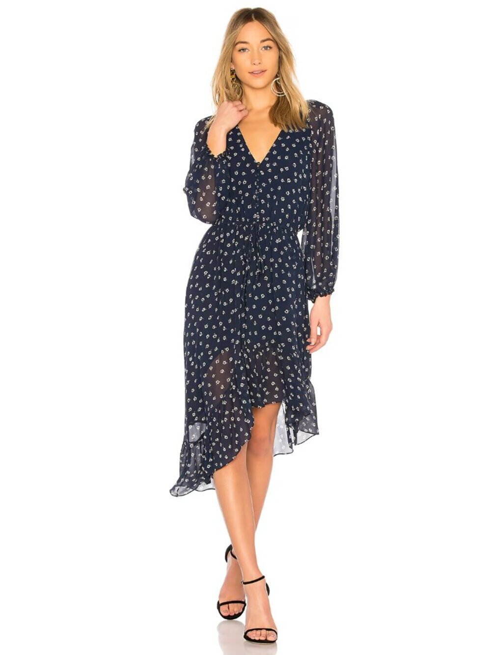JOIE Alithea Navy Floral 100% Silk Chiffon Asymmetrical Ruffle Dress, Size L